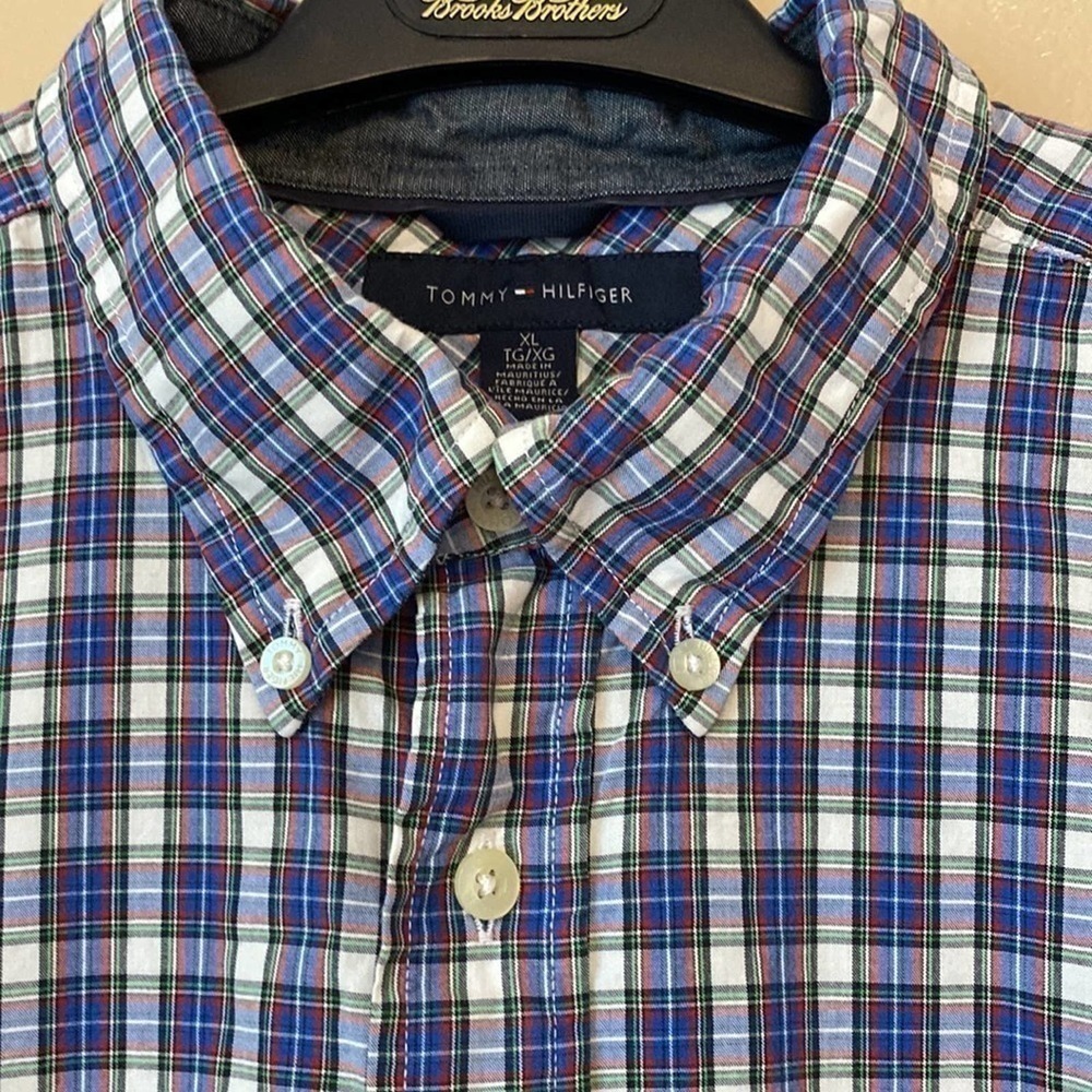 Men shirt Tommy Hilfiger navy red plaid long sleeve button down shirt XL